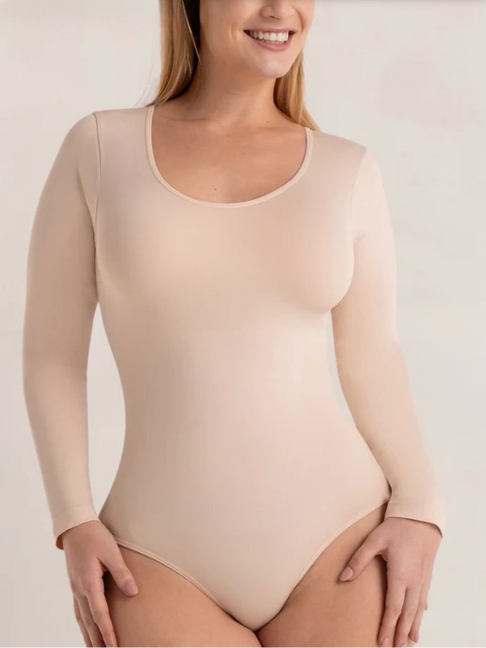 Shapermint All Day Scoop Neck Long Sleeve Bodysuit | Chai Beige | S | NWT